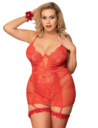 by LUANA - SAN JUAN Delikat Baby Doll med Trusse Rød (R80915-2| One sizeI Queen size I 1XL)